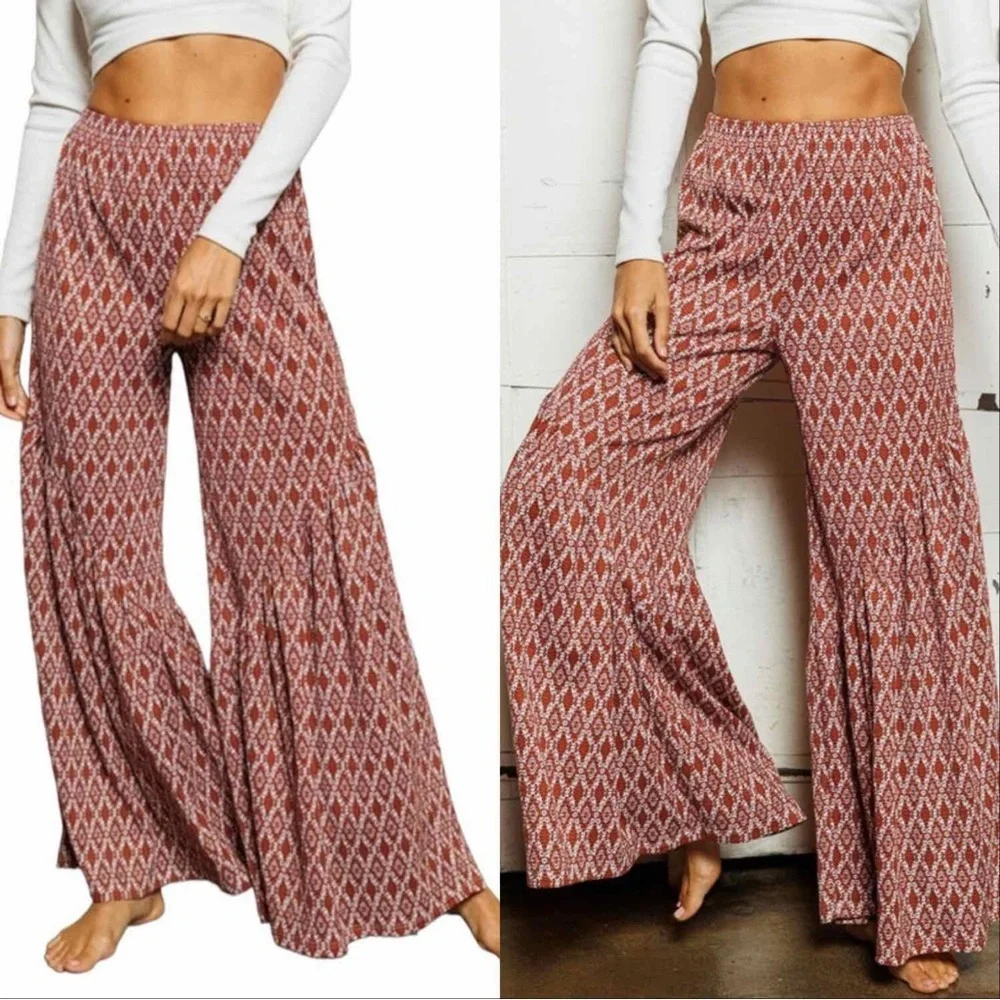 BOHO HIGH WAIST FLARE PANTS - HIPPIE RUST - Picture 1 of 6
